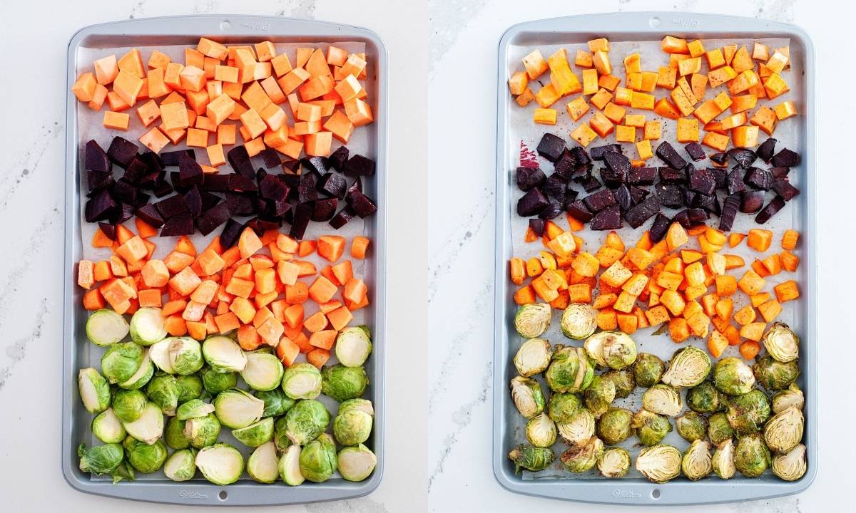 on the left, veggies in rows in a baking sheet; on the right, the same veggies roasted