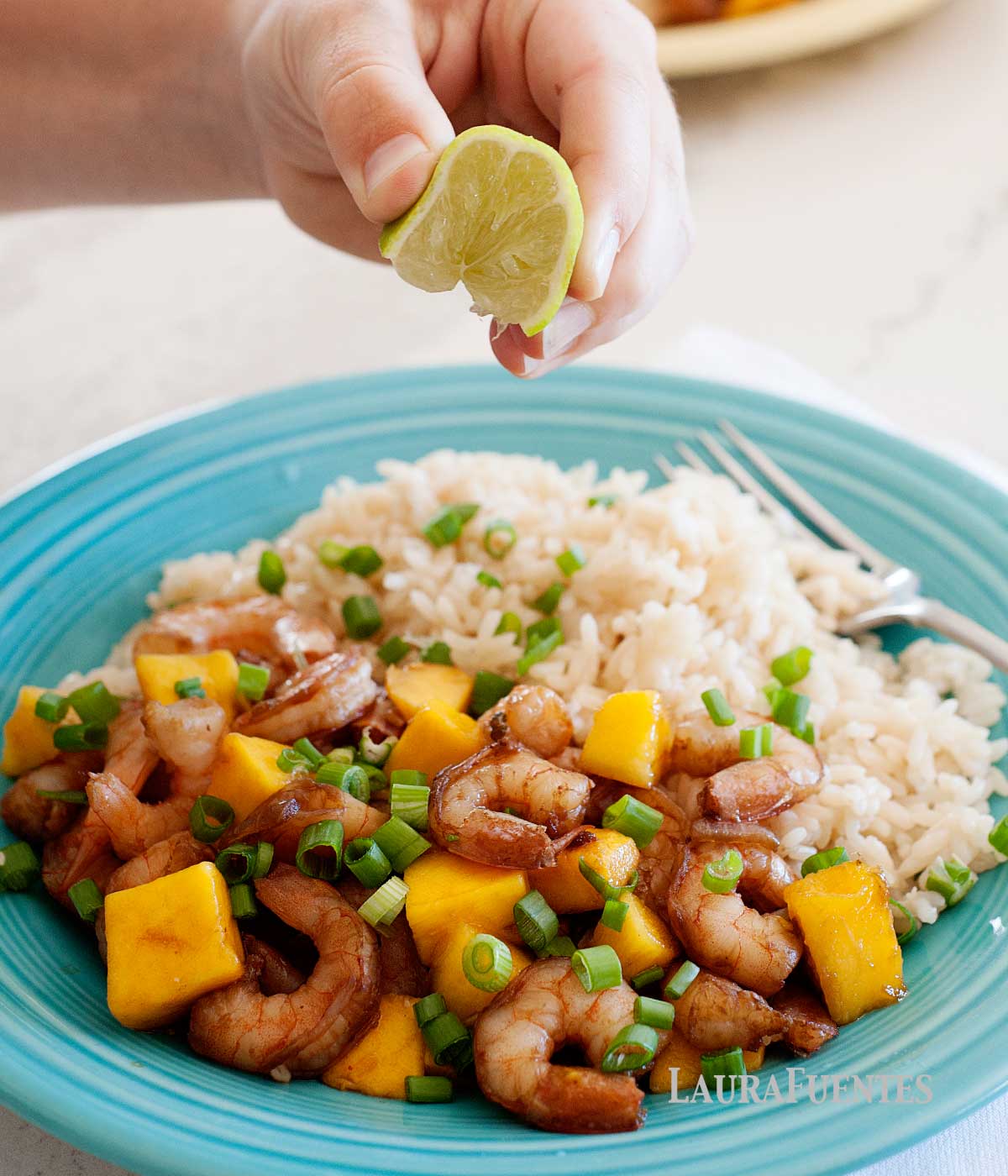 hand squeezing a lime over plate of mango shrimp and rice