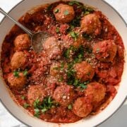 large pan of meatless meatballs