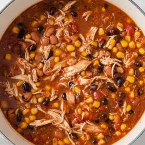 top view of chicken taco soup in a bowl