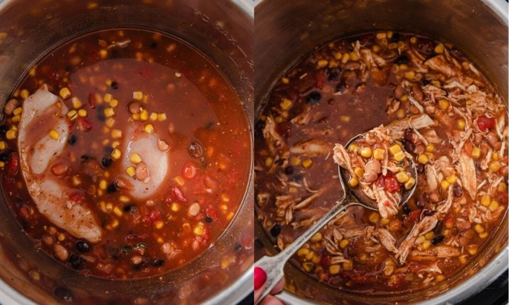 Side-by-side view of instant pot chicken taco soup before and after cooking, showing raw chicken with beans, corn, tomatoes, and shredded chicken in the finished soup.