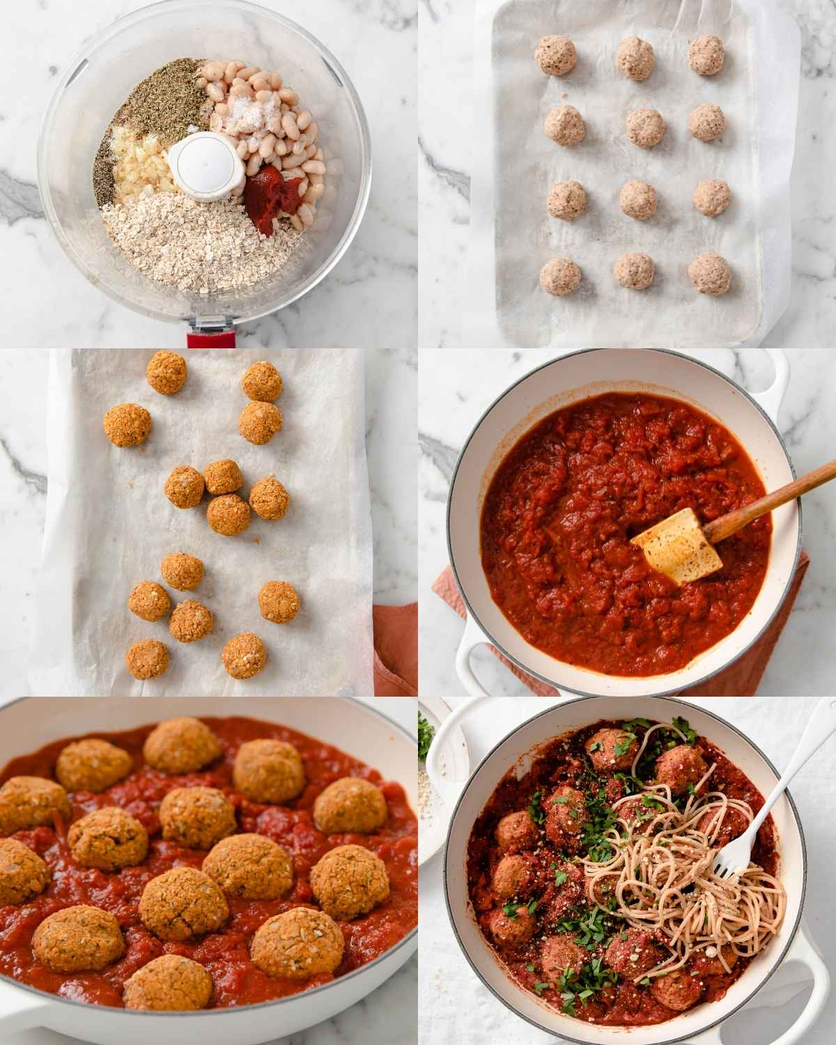 Top left: food processor bowl with white beans, oats, tomato paste, garlic, and dried herbs. 
Top right: uncooked meatless meatballs on a parchment-lined baking sheet. Middle left: baked meatless meatballs on parchment paper. Middle right: tomato sauce in a pot. Bottom left: baked meatless meatballs placed in tomato sauce in a skillet. Bottom right: meatless meatballs served in tomato sauce with spaghetti and chopped parsley.