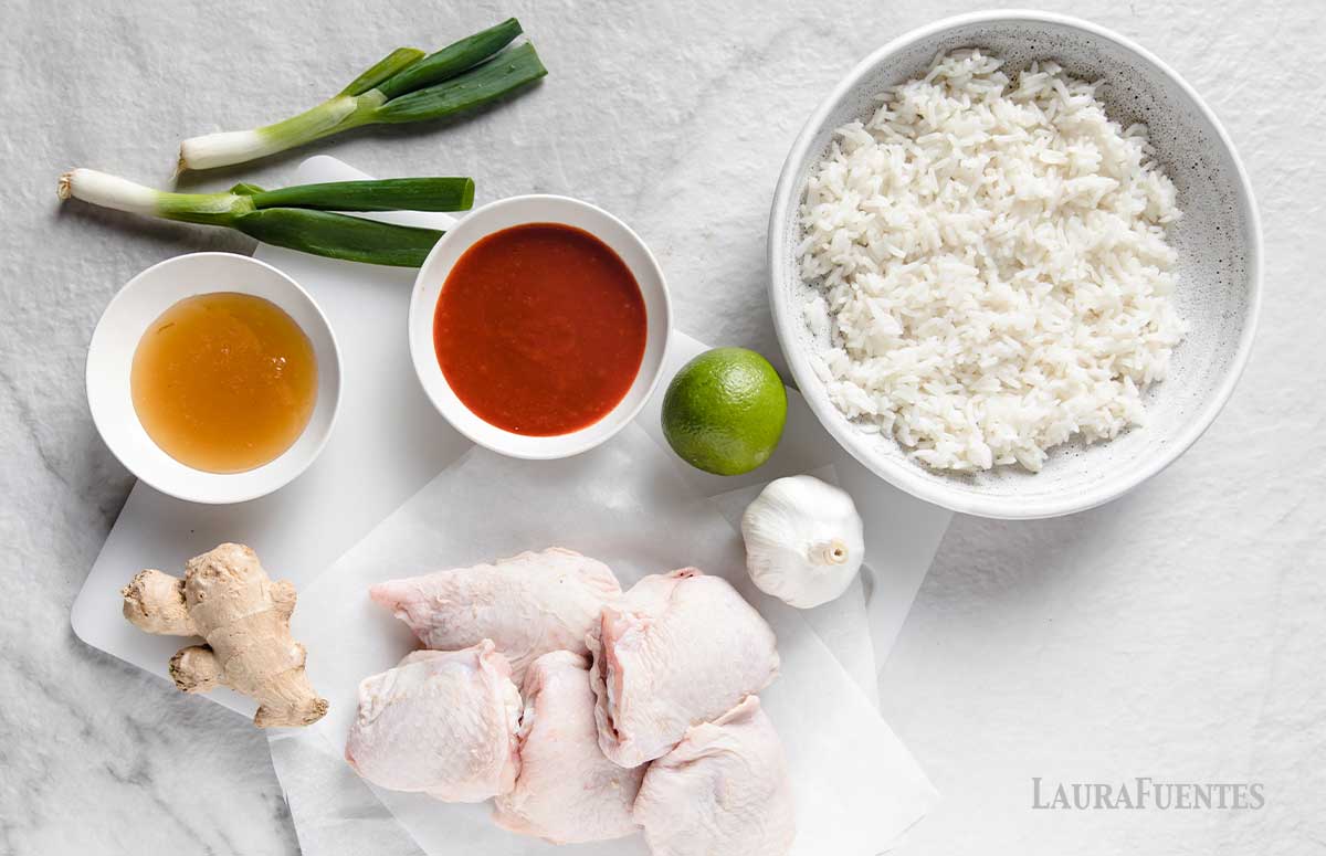 ingredients for sriracha chicken laid out on countertop 