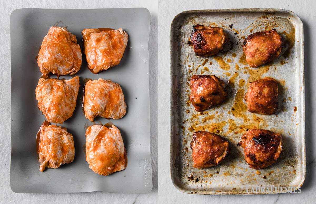 two images of chicken thighs on sheet pans - before and after baking