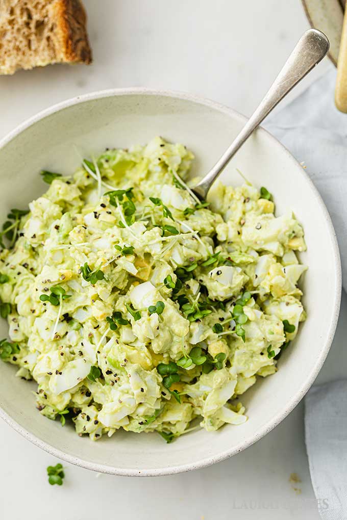 large bowl of egg salad with avocados