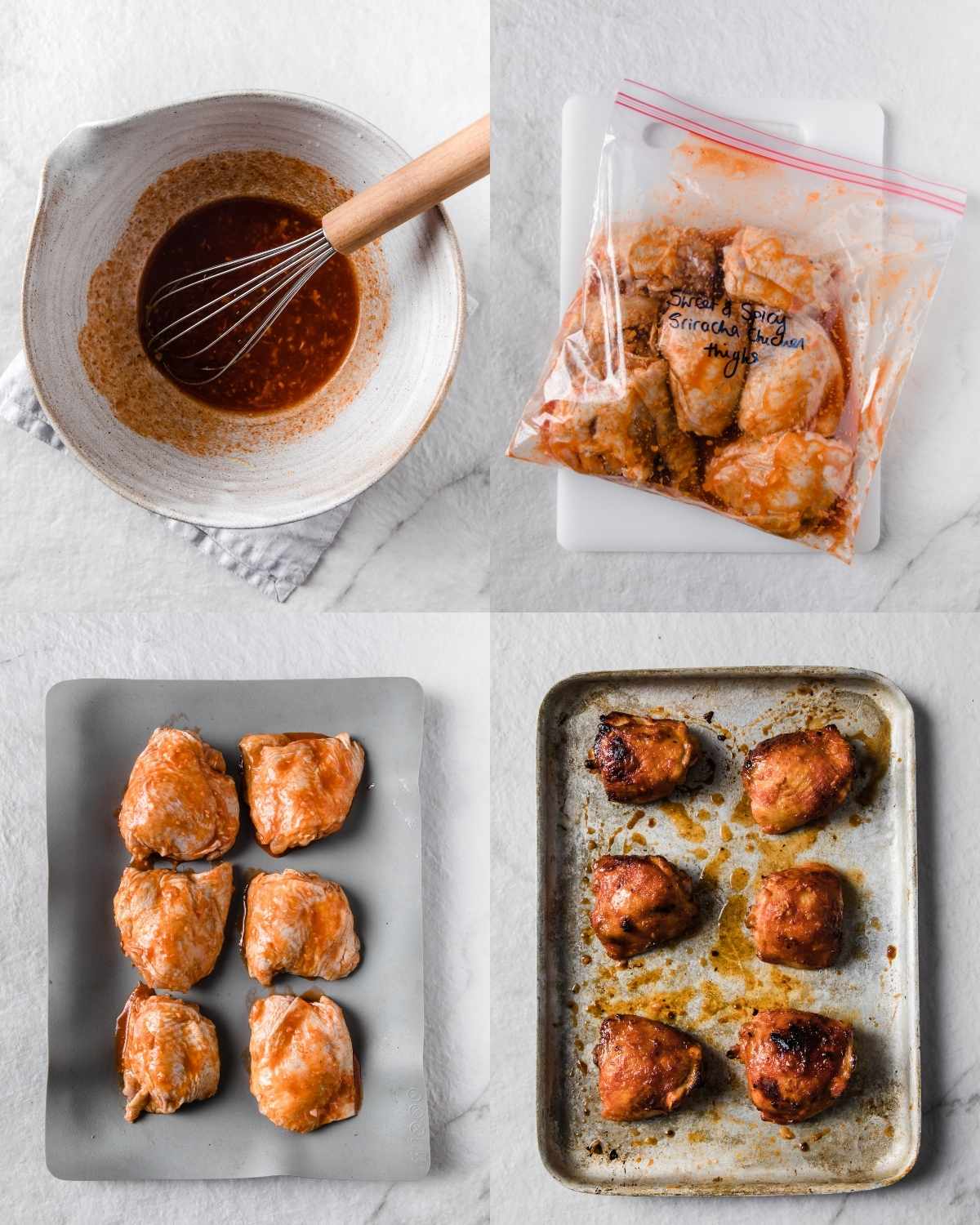 Top left: Sriracha and honey marinade in a bowl. Top right: Chicken thighs marinating in sriracha sauce inside a zip-top bag. Bottom left: Raw sriracha-coated chicken thighs arranged on a baking sheet. Bottom right: Baked sriracha chicken thighs caramelized on a sheet pan.
