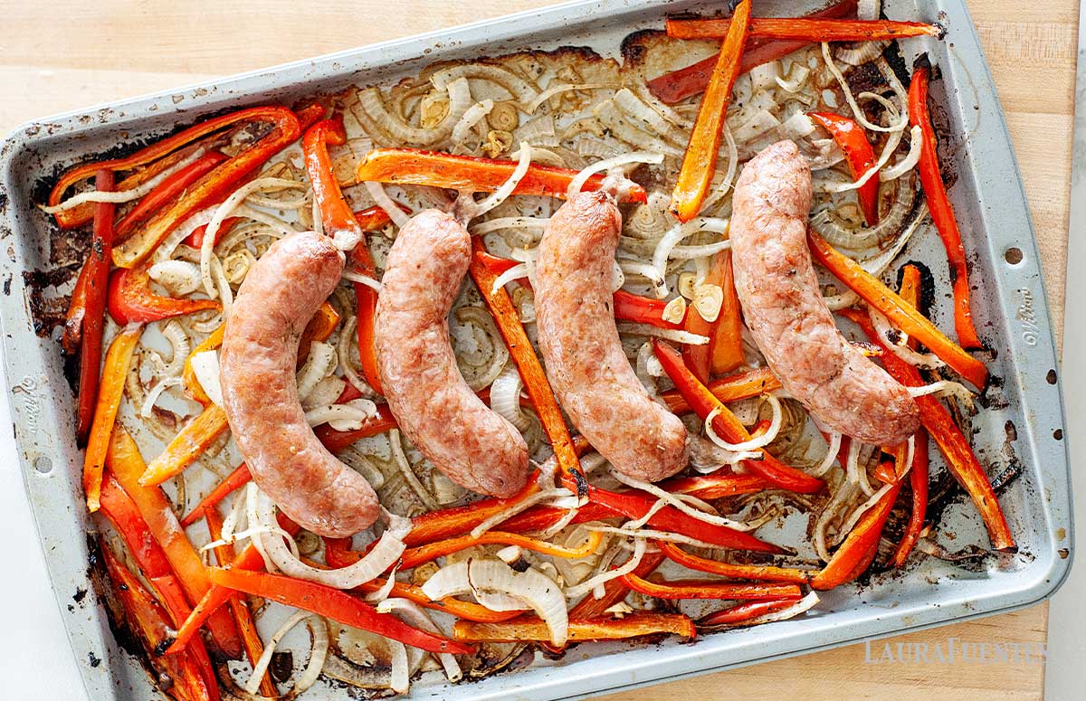 sausage and peppers on a sheet pan