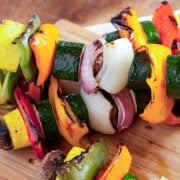 vegetable skewers on three sticks after grilling