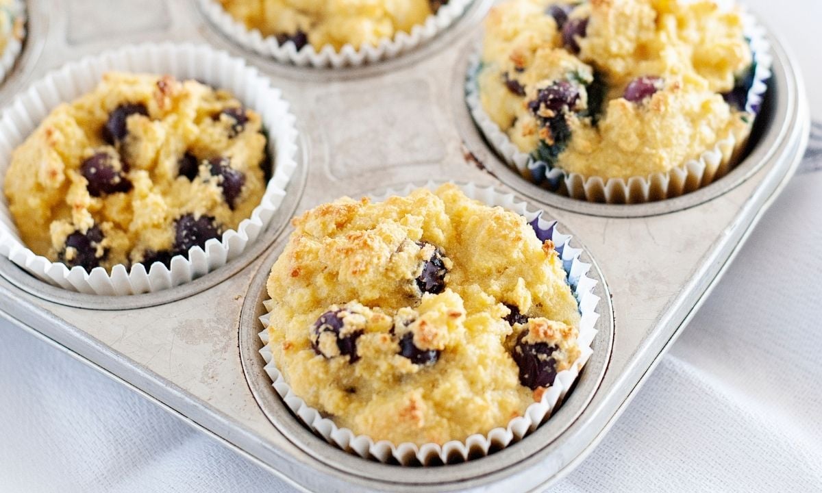 baked blueberry coconut flour muffins in a muffin tin