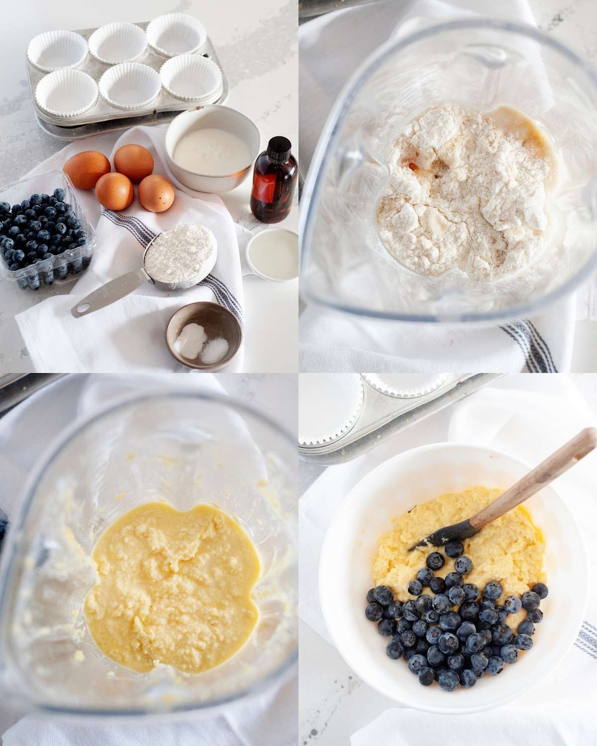 Top left: ingredients for blueberry coconut flour muffins including eggs, blueberries, coconut flour, and coconut milk; top right: dry ingredients in a blender; bottom left: blended wet batter in the blender; bottom right: blueberries being folded into muffin batter in a bowl.