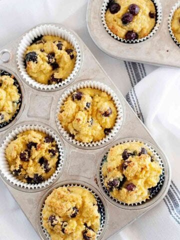 blueberry coconut flour muffins in a muffin tin