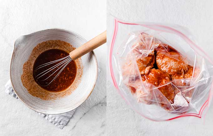side by side photos of bowl of marinade and chicken in a zip bag coated with marinade