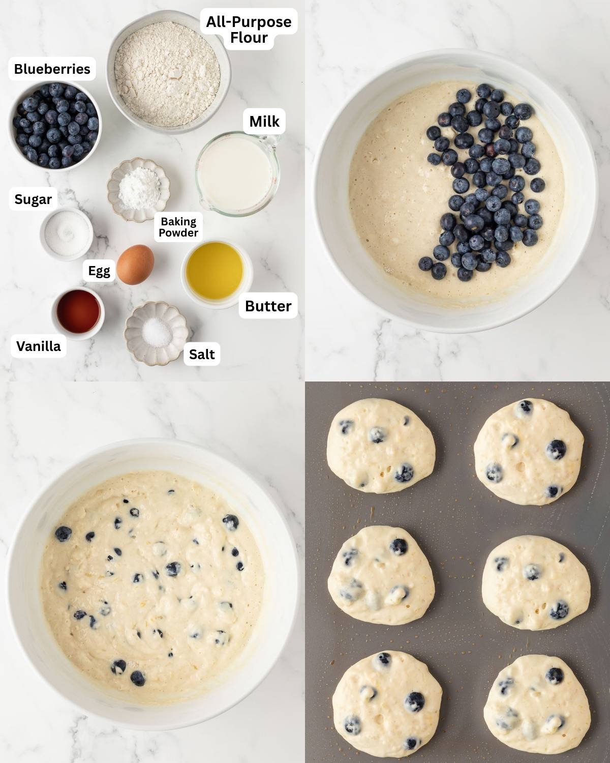 4 image collage for making blueberry pancakes. Top left are the ingredients labeled. Top right is the batter already mixed with blueberries on top. Bottom right shows the blueberries mixed in the batter, and bottom left shows the pancakes on the griddle, where the blueberries are lightly covered in the batter to prevent burning.
