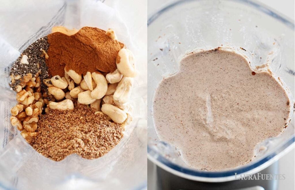 side by side of blender with paleo oatmeal before and after blending 