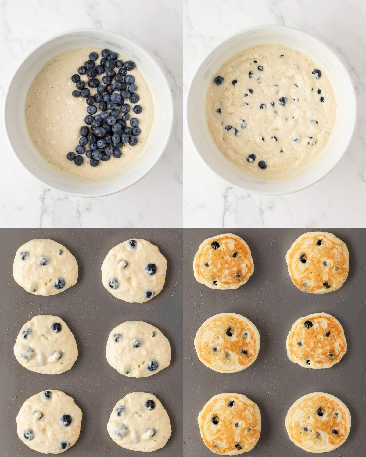 four image collage. on top left a bowl of pancake batter with blueberries on top. On the top right, the blueberries have been folded into the batter. two image collage. on bottom left cooking blueberry pancakes on a griddle, on bottom right, the pancakes have been flipped over to cook the second side.