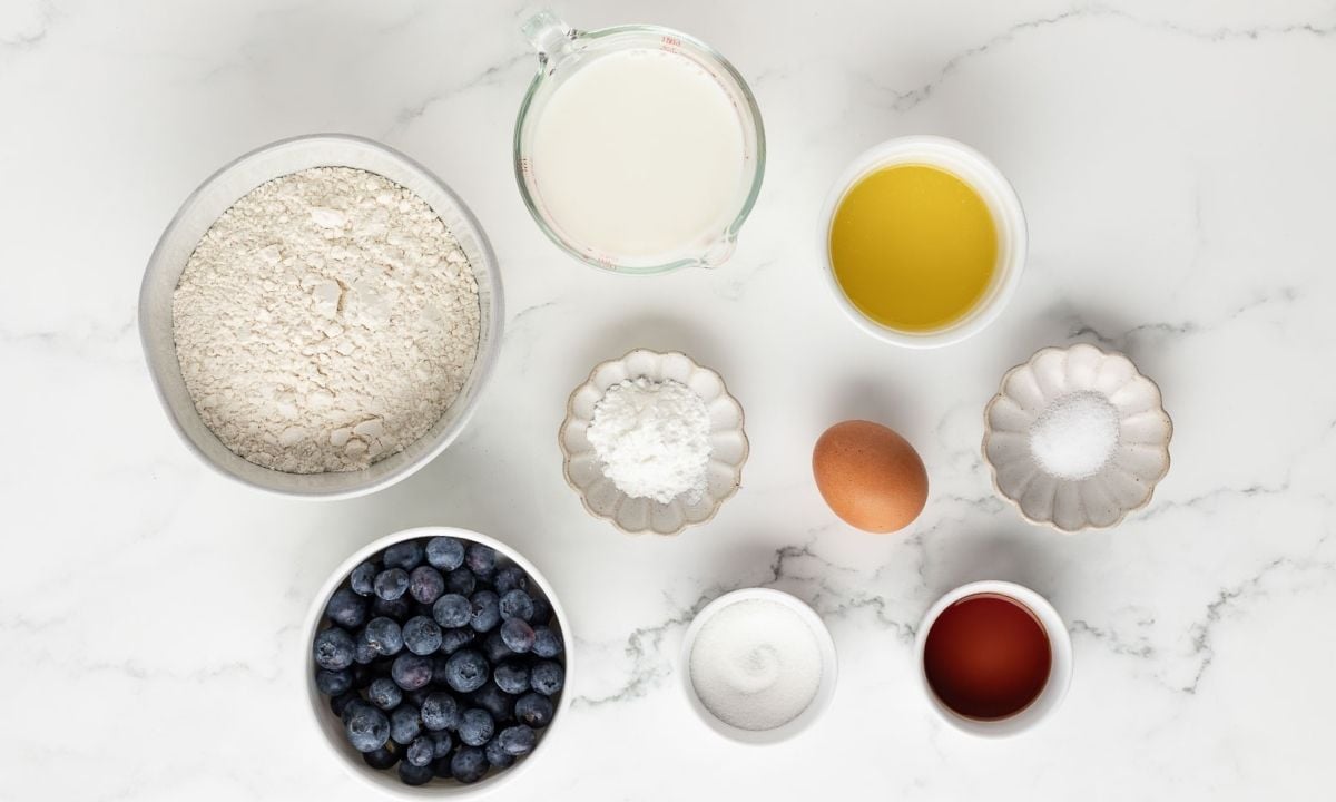 overhead view of ingredients needed to make blueberry pancakes