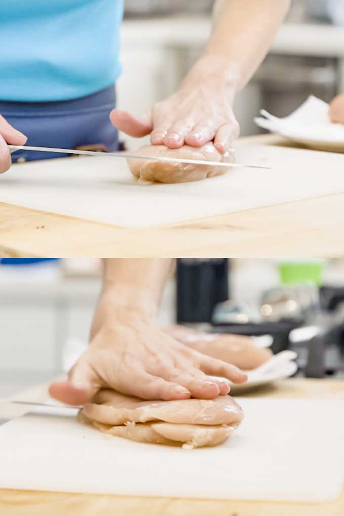 two images top and bottom showing steps of how to butterfly a chicken breast