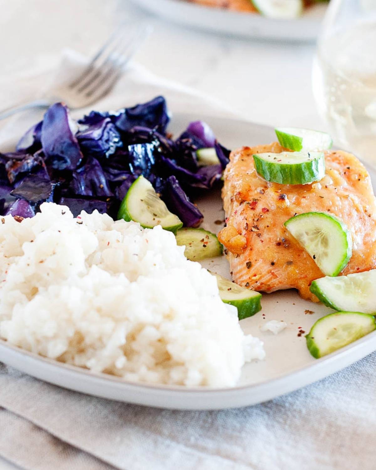 salmon, cabbage, rice and cucumber slices on a plate