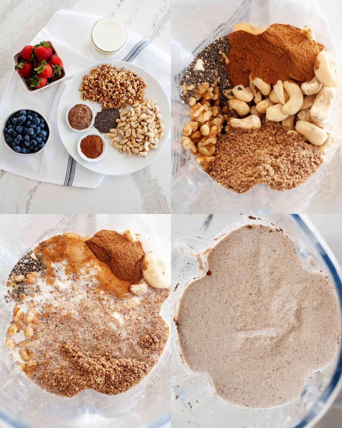Top left: strawberries, blueberries, walnuts, cashews, chia seeds, spices, and milk on a counter. Top right: blender filled with nuts, seeds, and spices. Bottom left: liquid and spices added into the blender with ingredients partially mixed. Bottom right: smooth, creamy paleo oatmeal mixture fully blended inside the blender.