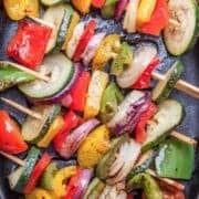 overhead view of veggie kabobs