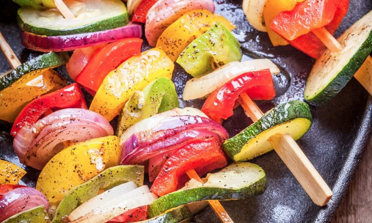close up of vegetable kabobs