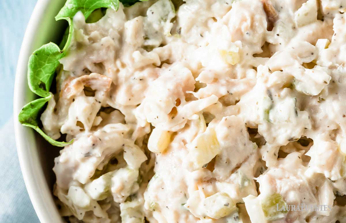 overhead view of large bowl of spicy chicken salad
