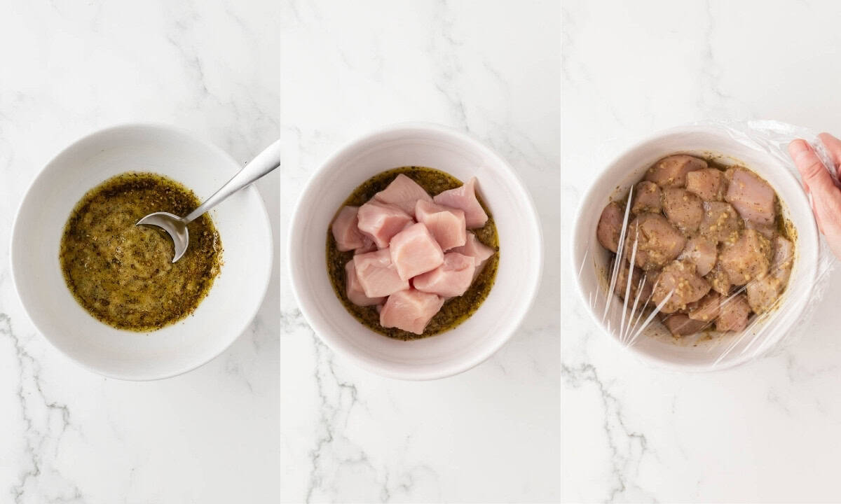 overhead view of three image collage. on left is a marinade for oven kabobs. in the middle, is cubed chicken in the marinade bowl, on the right the bowl is covered with plastic wrap