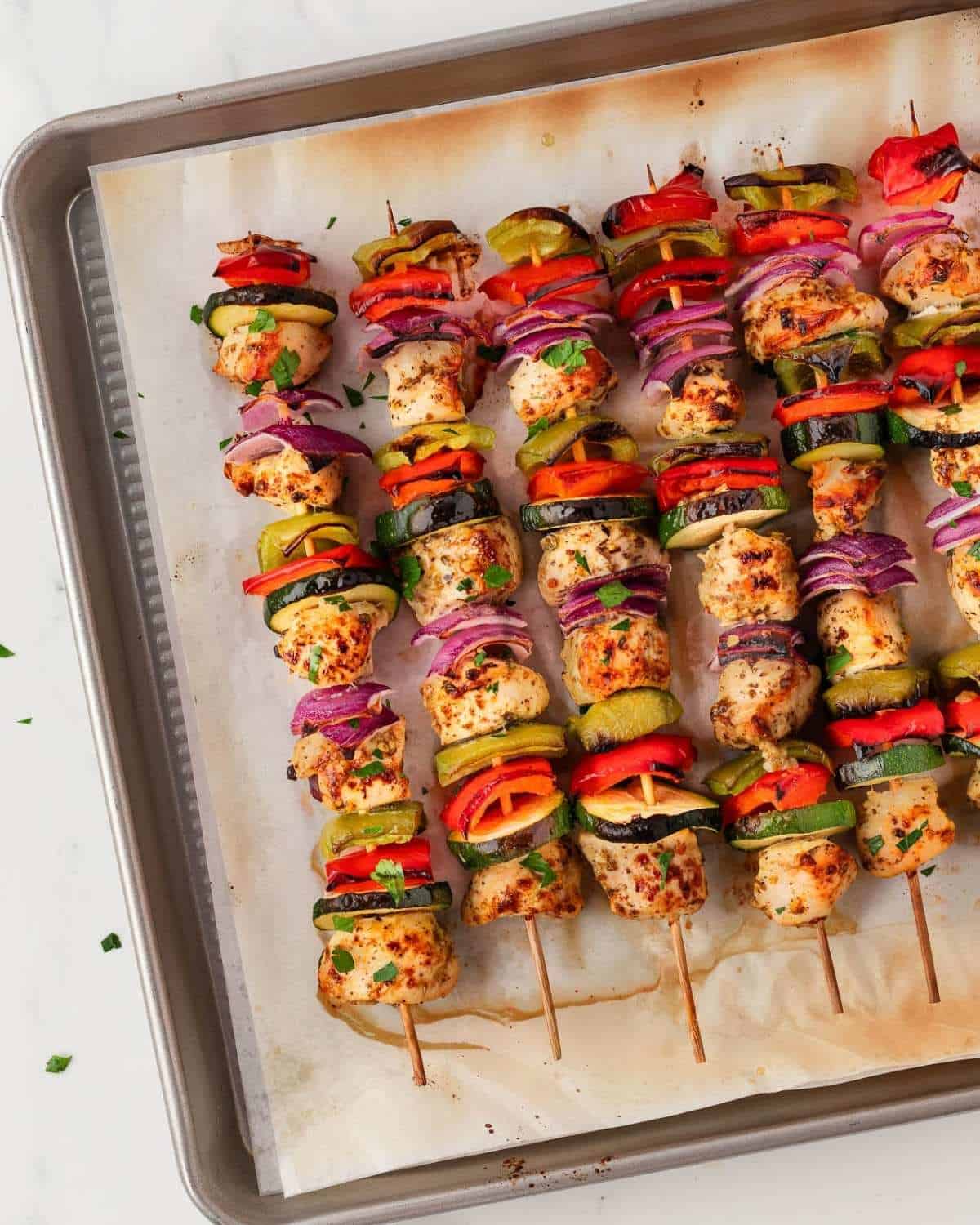 overhead view of oven kabobs