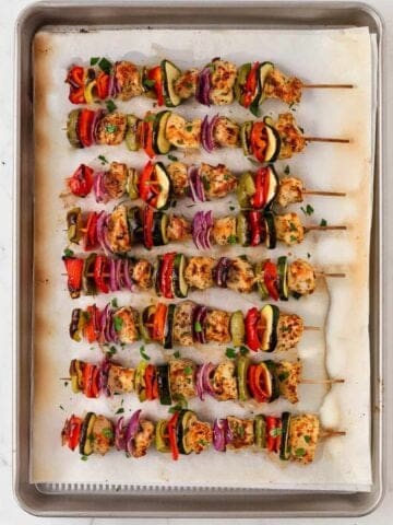 overhead view of oven kabobs