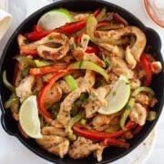 large skillet of chicken fajitas