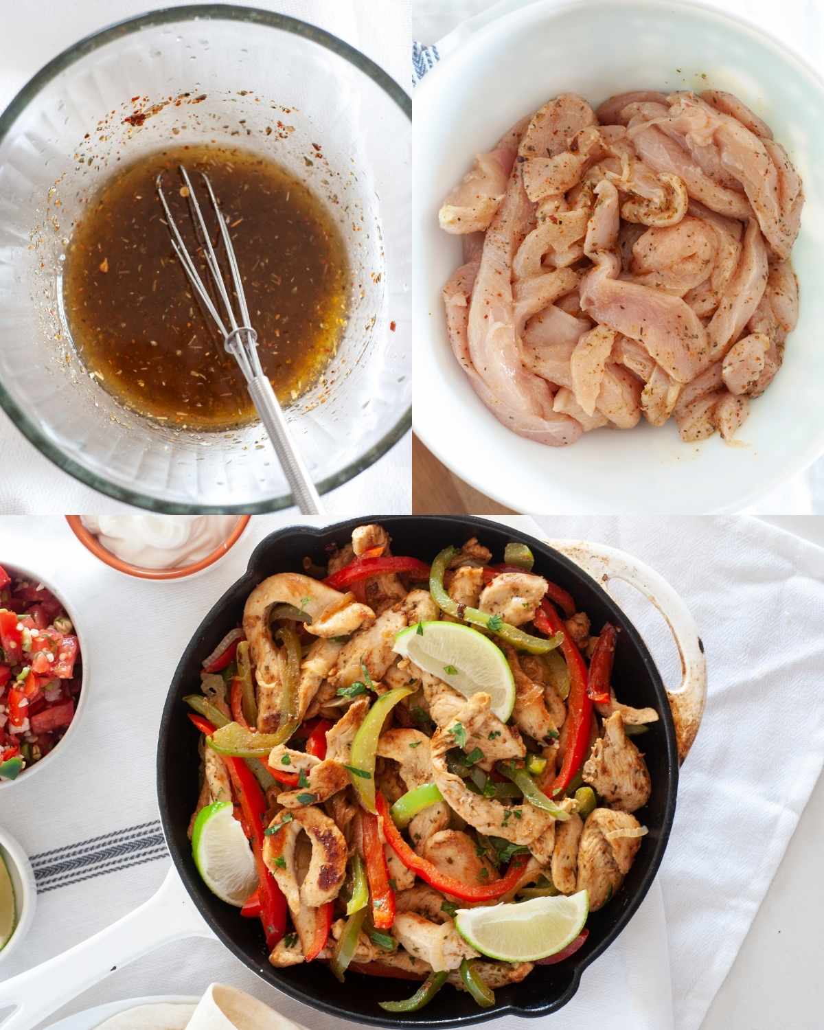 Top left: a bowl with fajita marinade. Top right: chicken strips soaked in marinade. Bottom: a pan with chicken fajita, peppers and lime wedges