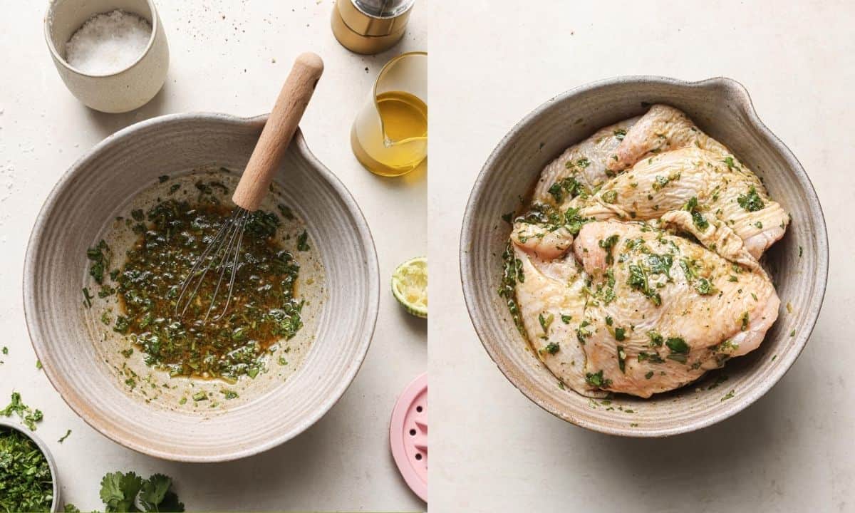 side by side steps for a cilantro chicken marinade. on the left, the cilantro lime marinade ingredients have been mixed in one bowl, on the right, the chicken thighs are coated in the marinade