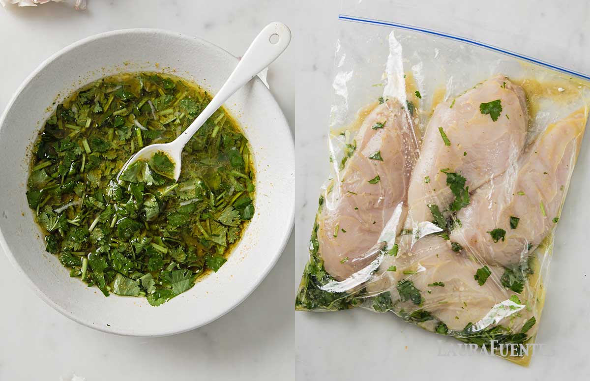 cilantro lime marinade in a bowl and a zip bag of marinating chicken breasts