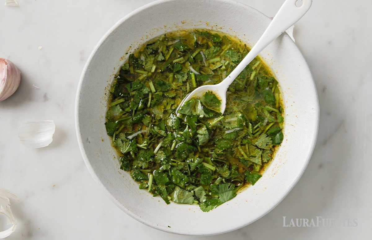 large bowl of cilantro lime marinade