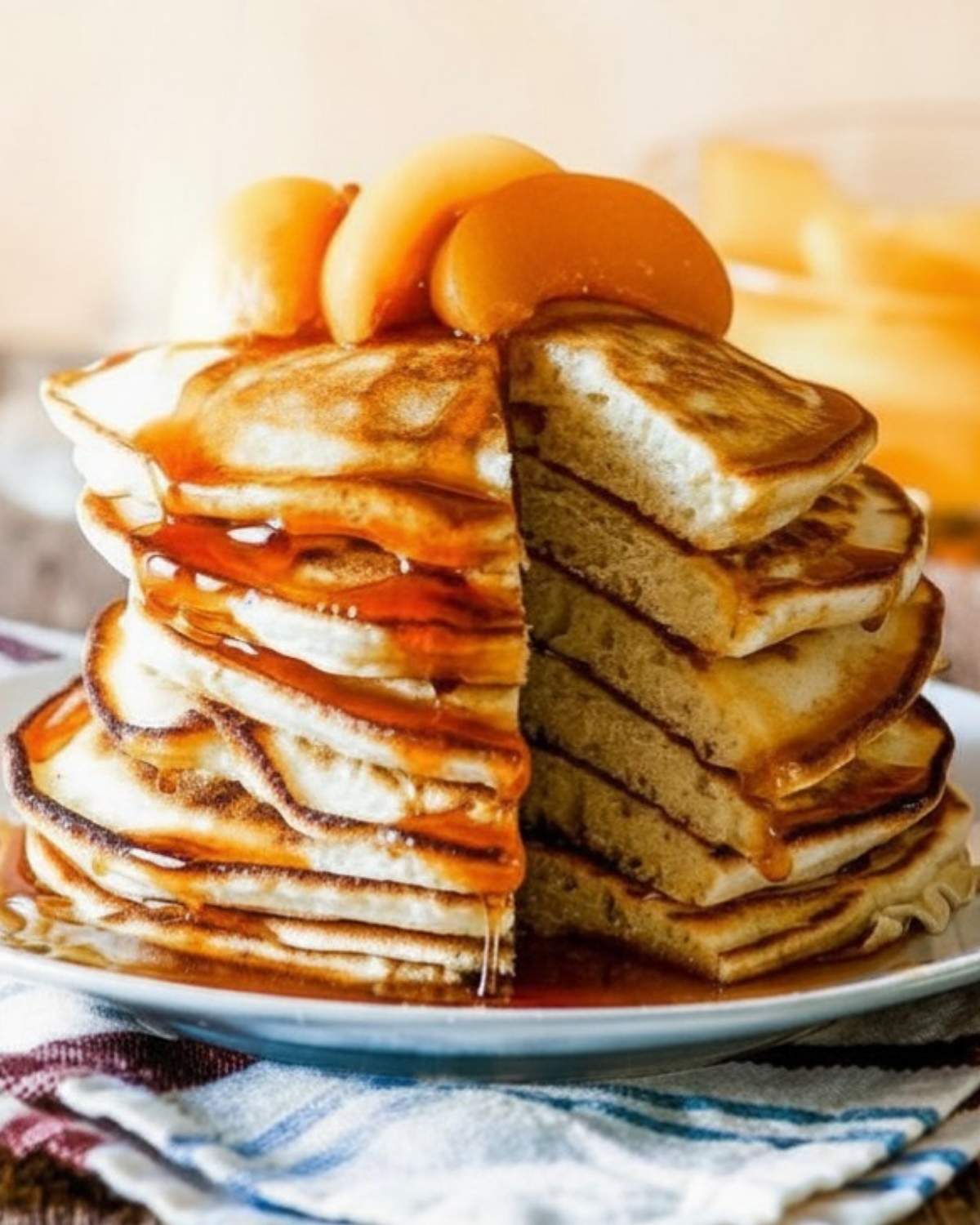 Stack of peach pancakes sliced to show fluffy texture topped with peaches and pancake syrup on a plate