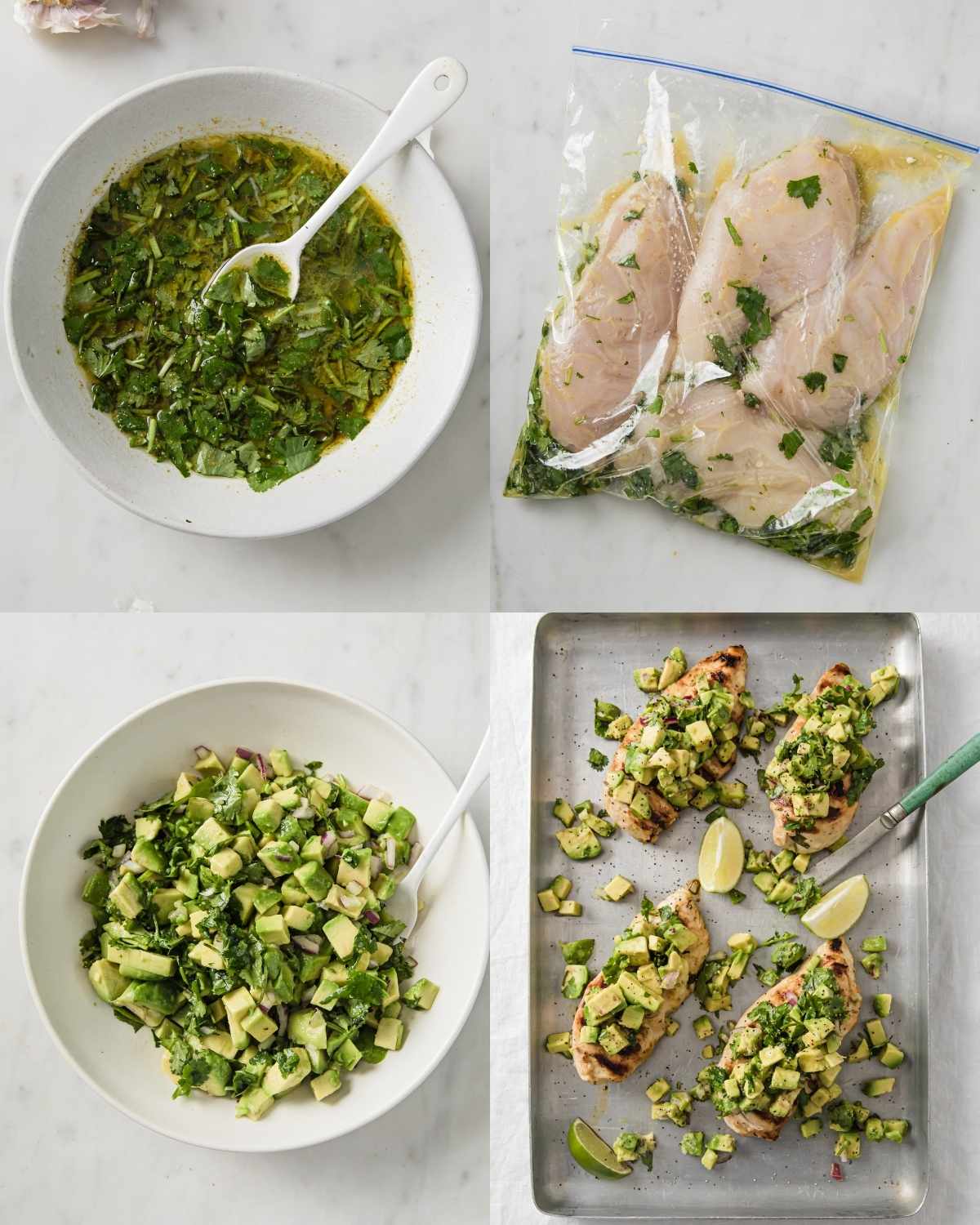 Top left: Lime juice, olive oil, garlic, and chopped cilantro mixed in a bowl. Top right: Raw chicken breasts marinating with cilantro and lime in a zipbag. Bottom left: Diced avocado mixed with red onion and cilantro in a bowl. Bottom right: Grilled chicken breasts topped with avocado salsa on a sheet pan with lime wedges.