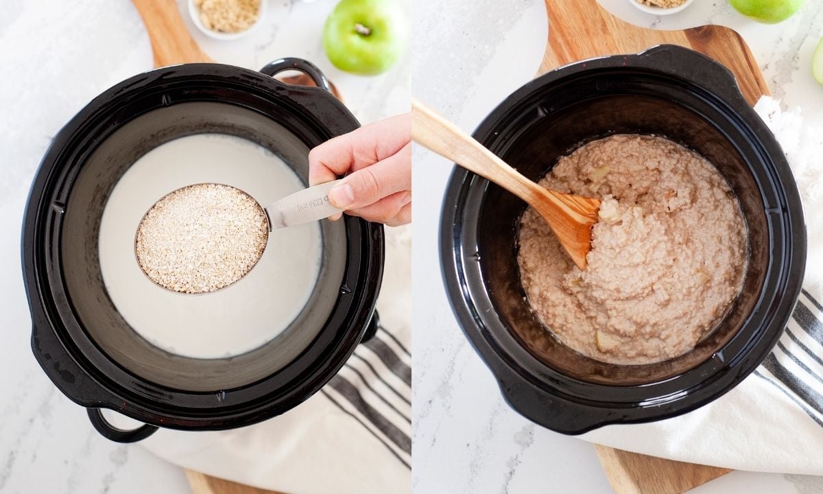 side by side making oats in the slow cooker
