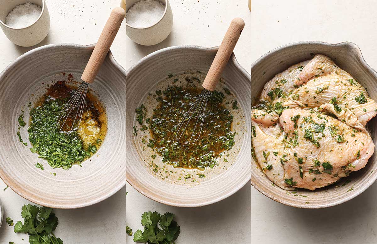 cilantro lime marinade in a bowl before adding to chicken thighs