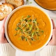 two hands holding a bowl of acorn squash soup