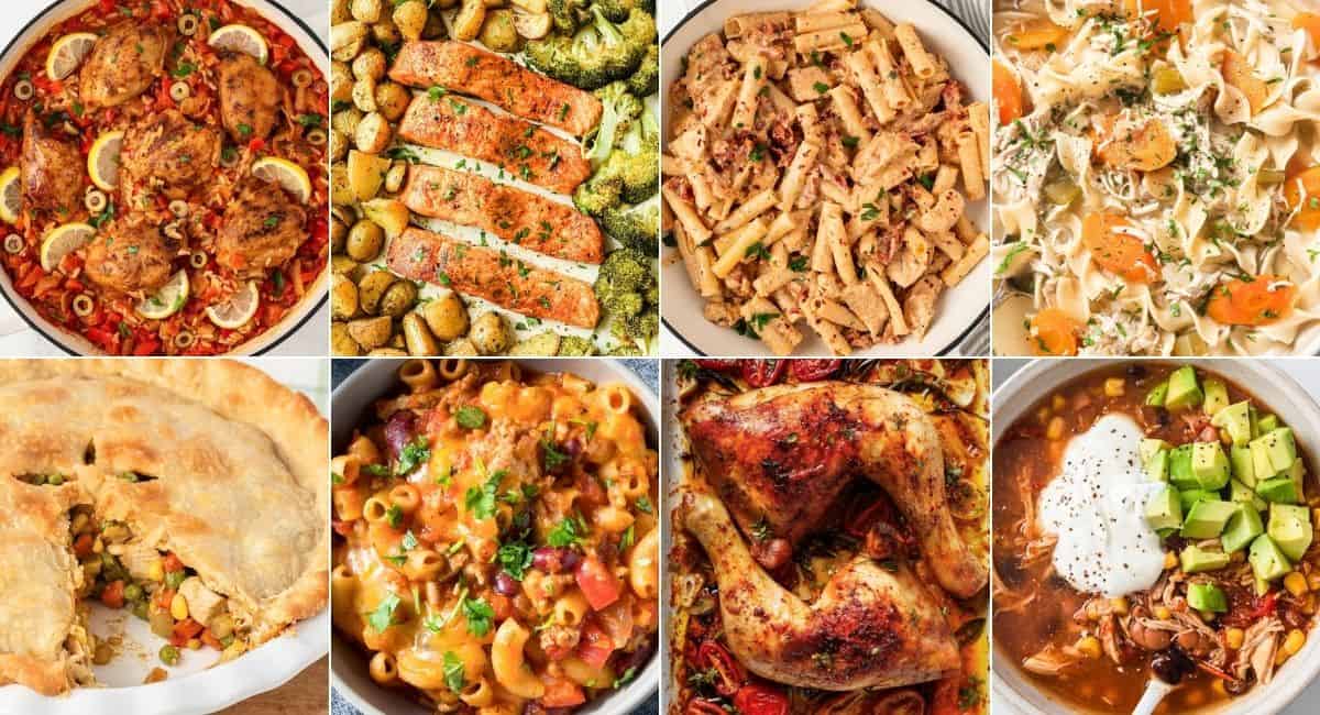 collage image with eight fall dinner ideas