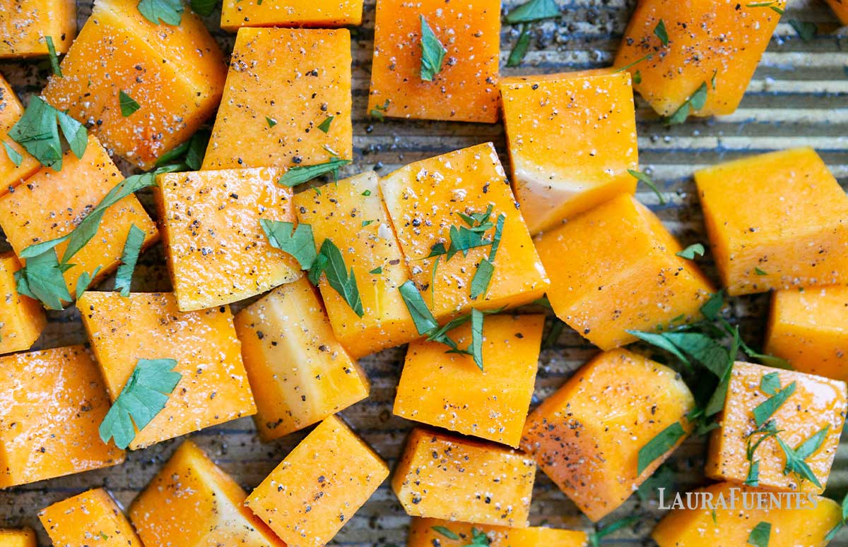 large sheet pan of roasted butternut squash cubes