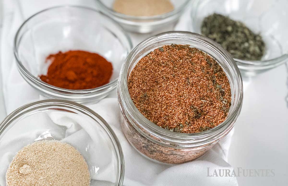 small glass dishes of individual seasonings for roasted vegetables