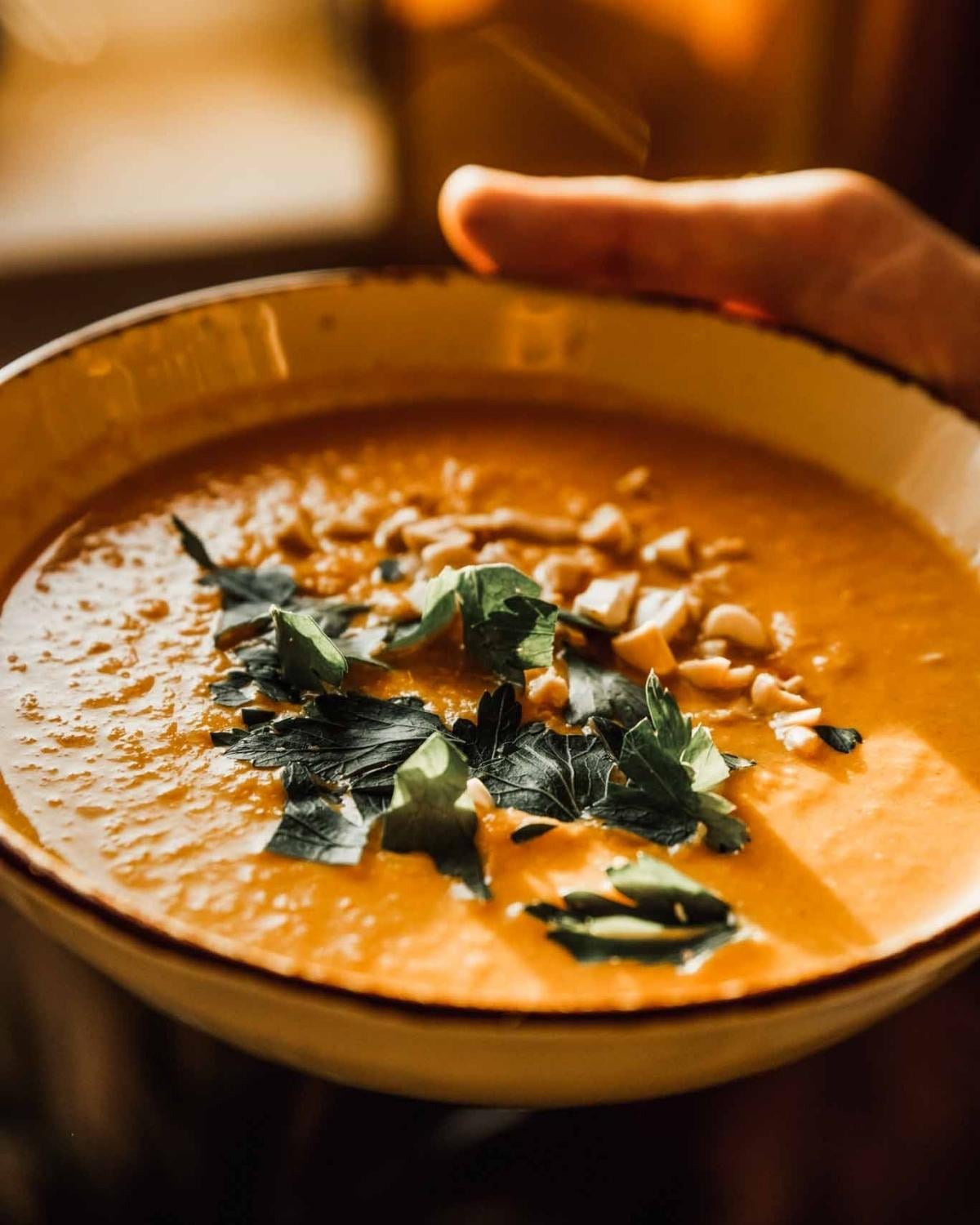 hands holding a bowl of acorn squash soup