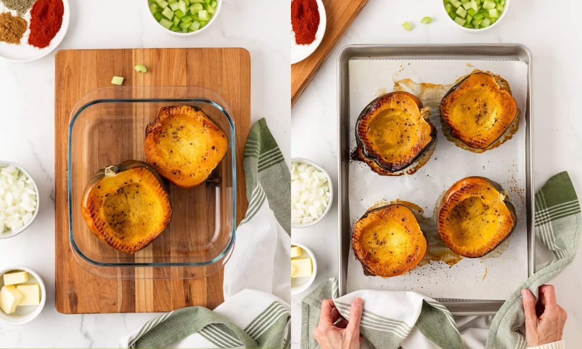 two image collage showing two ways to cook acorn squash. On left, the squash cooked in microwave. on right, the squash was roasted