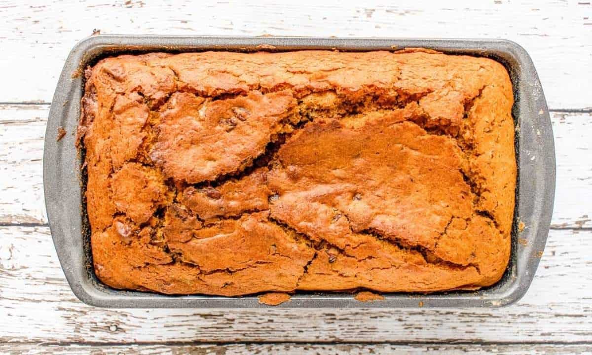 overhead view of pumpkin bread in a loaf pan