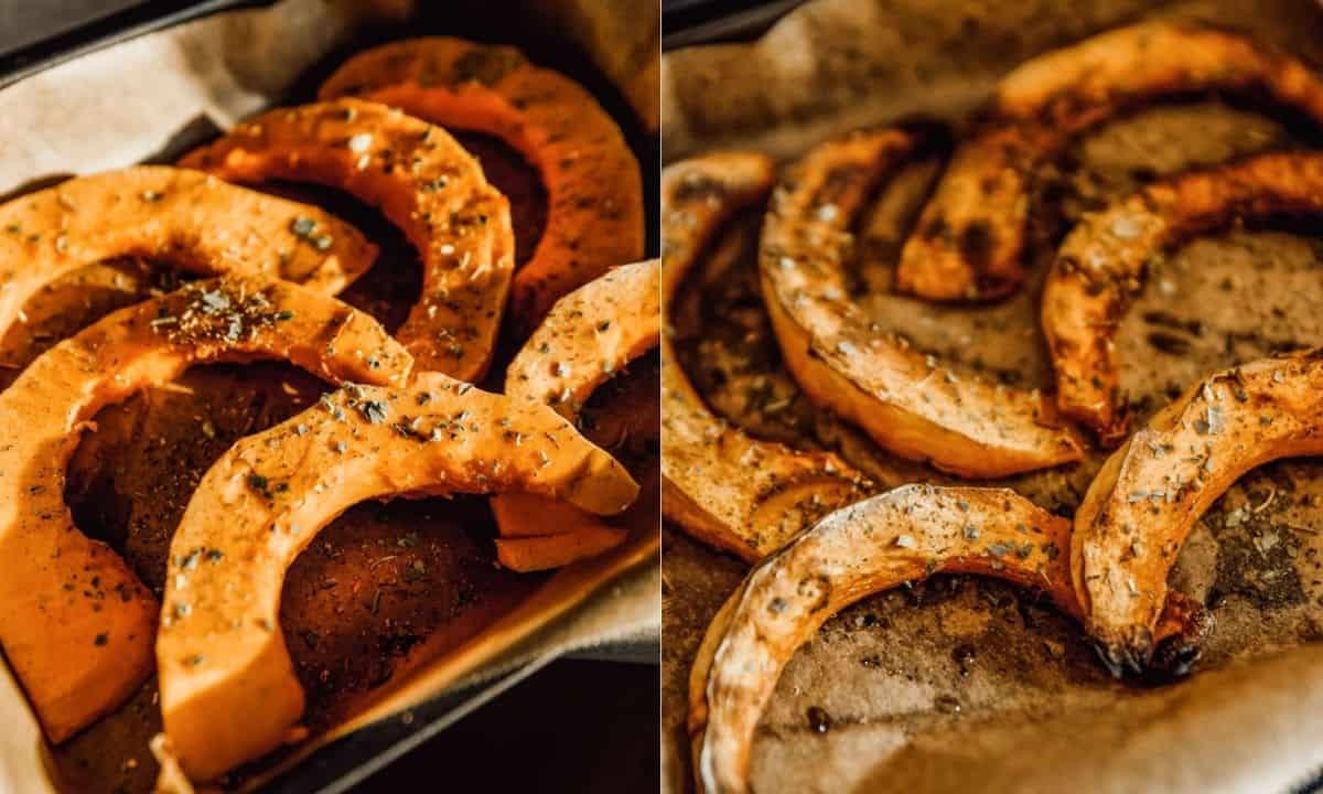 left: seasoned acorn squash slices on a baking sheet; right: the same slices roasted