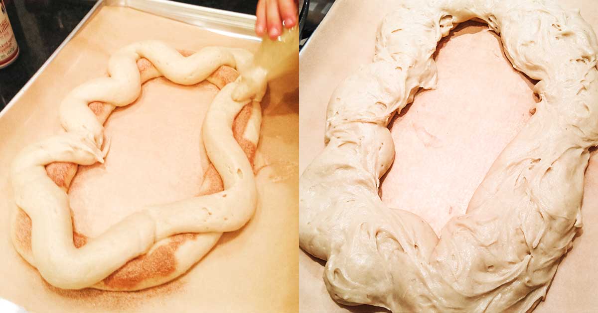 side by side images making king cake