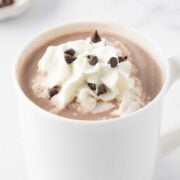 mug of homemade hot chocolate topped with whipped cream and chocolate chips