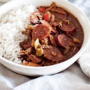 large bowl of chicken gumbo with rice