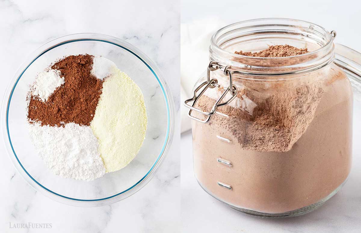 side by side image of a bowl with the ingredients needed to make a diy homemade hot cocoa mix (left) and a glass storage jar filled with the powdered ingredients mixed and stored as a mix